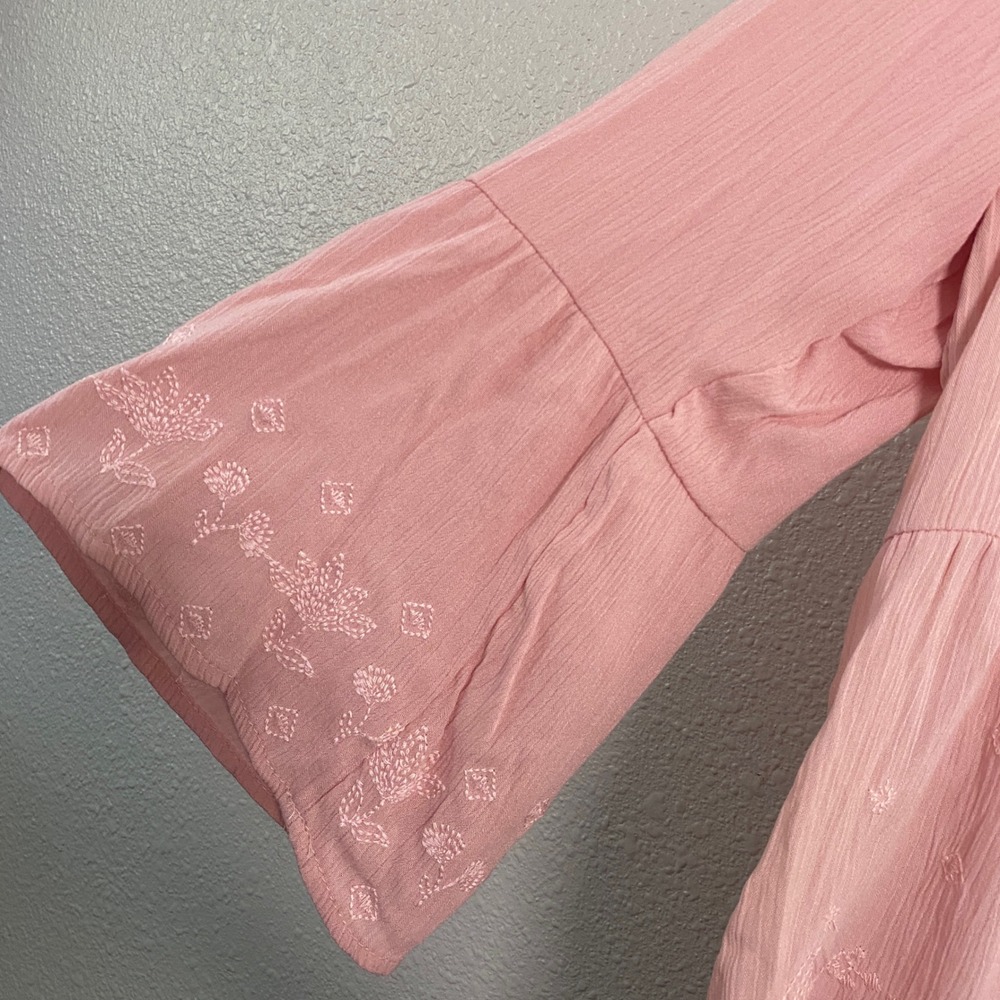 Pink Peasant Blouse XL Renaissance Faire Lace Up Boho Cottagecore Embroidered - Picture 5 of 6